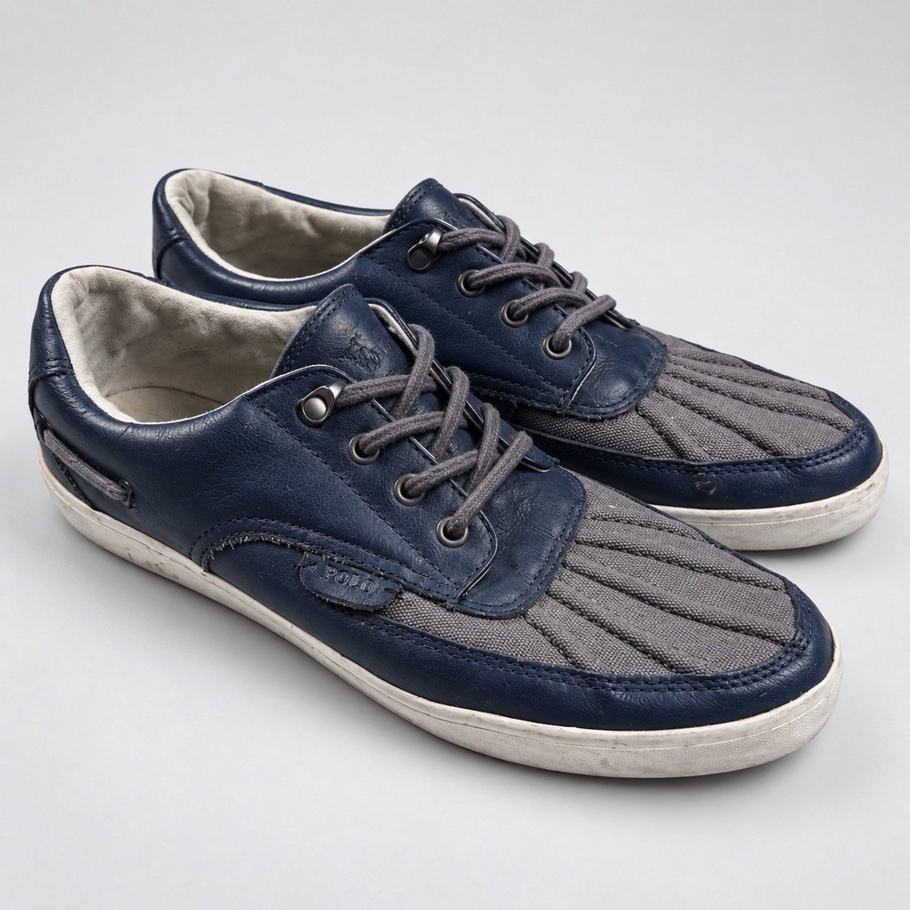 Polo Ralph Lauren Ramiro Shoes Mens Size 8D Navy Gray Leather Canvas Sneakers